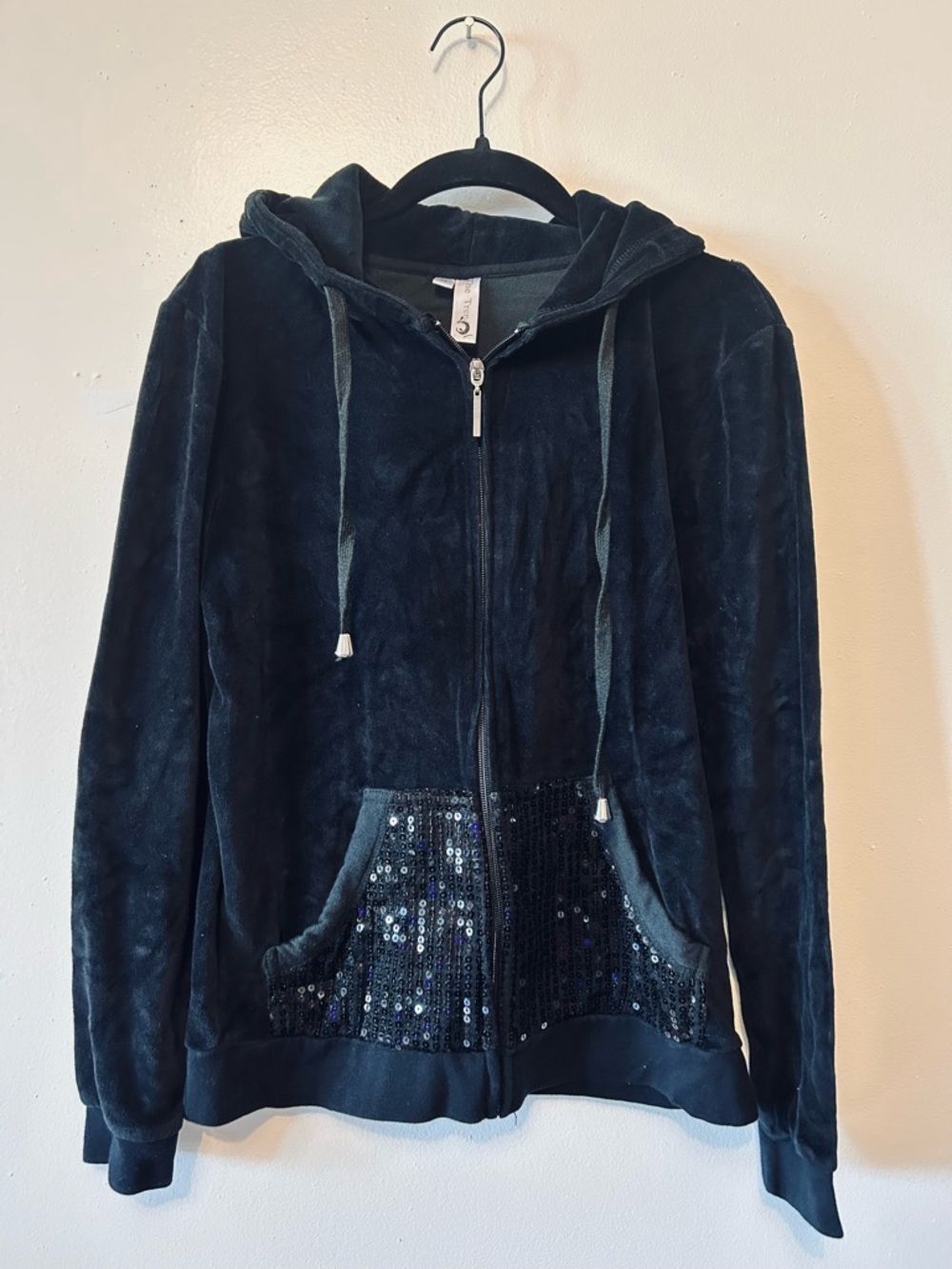 Women's Black Velour Zip Hoodie with Sequin Pockets